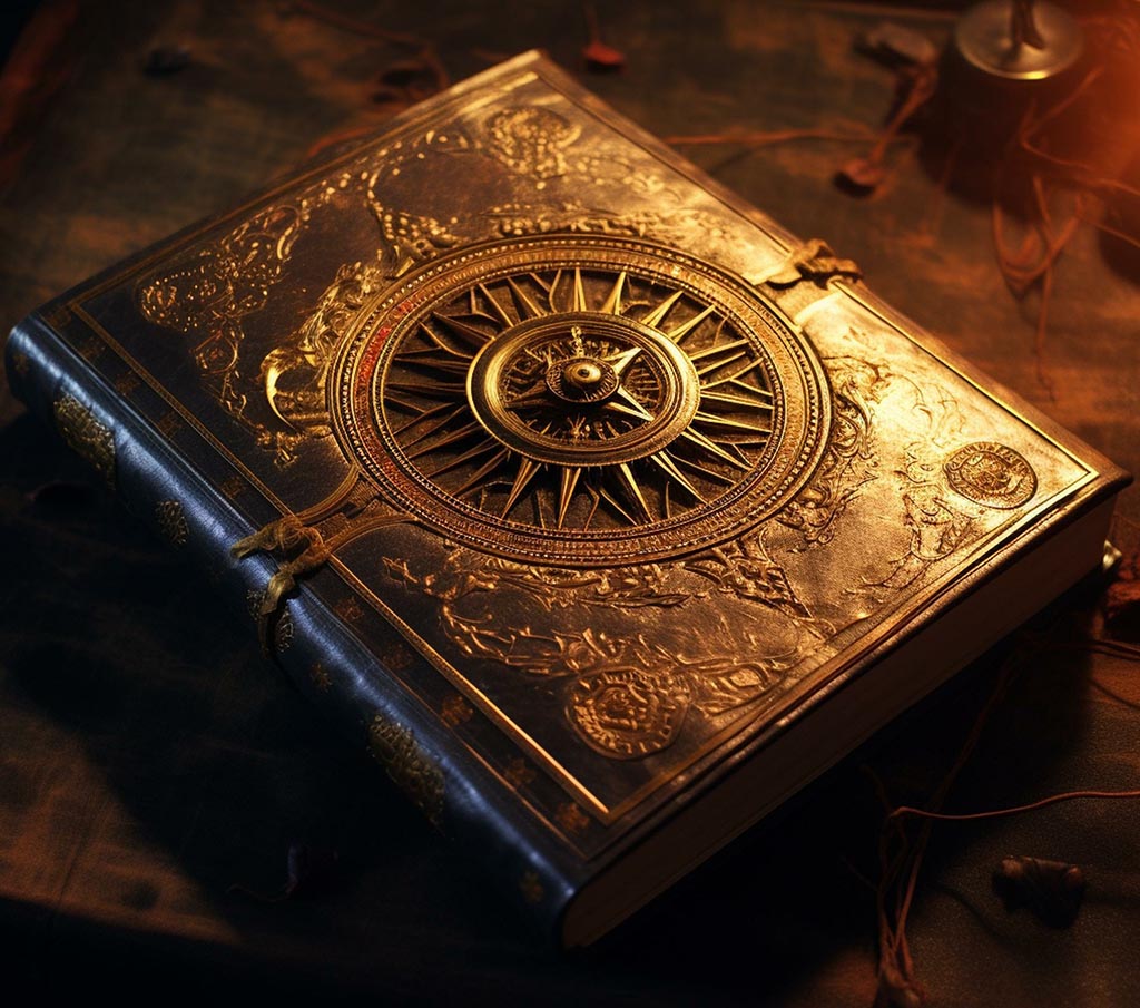 Brown and Gold book with a compass design on the cover, shining in candlelight