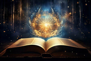 Open book with a golden sphere hovering above it, possibly a portal