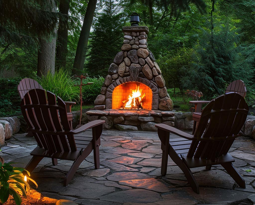 Outdoor fireplace on open-sided stone patio with chairs before a bright fire at twilight