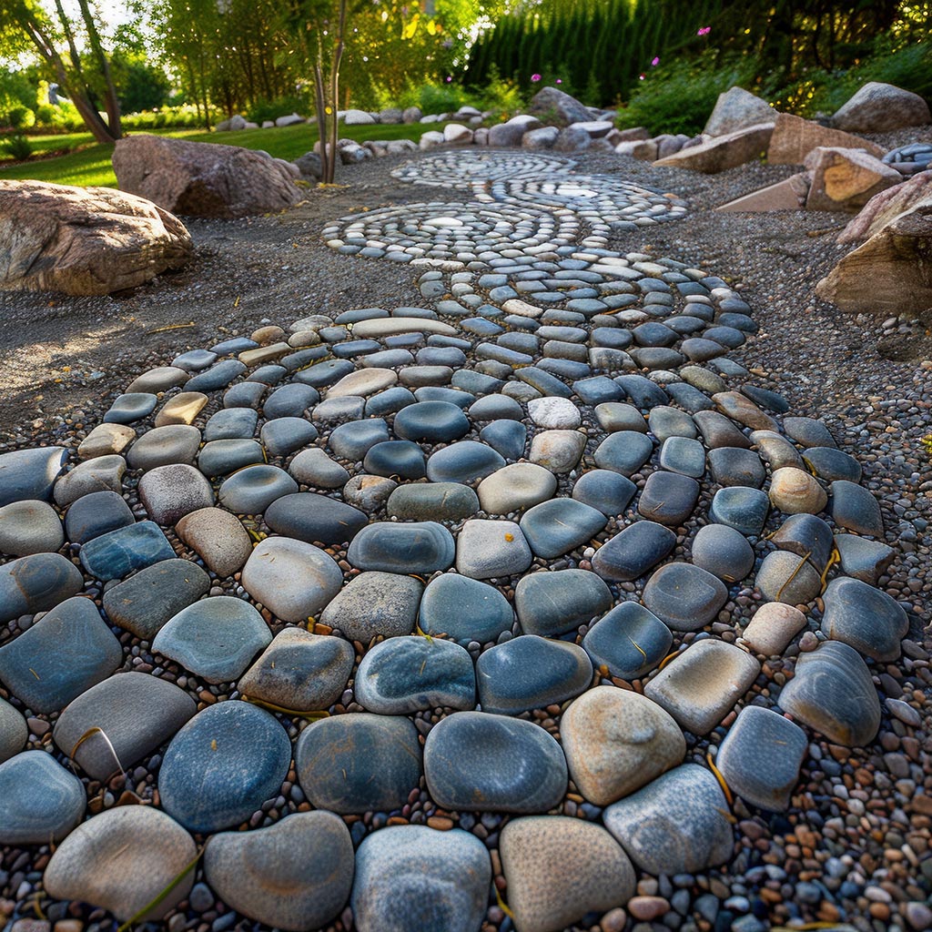 Stones create a series of labyrinth circles that form a path