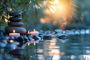 Zen pool with stacked dark gray rocks, bamboo and lit candles